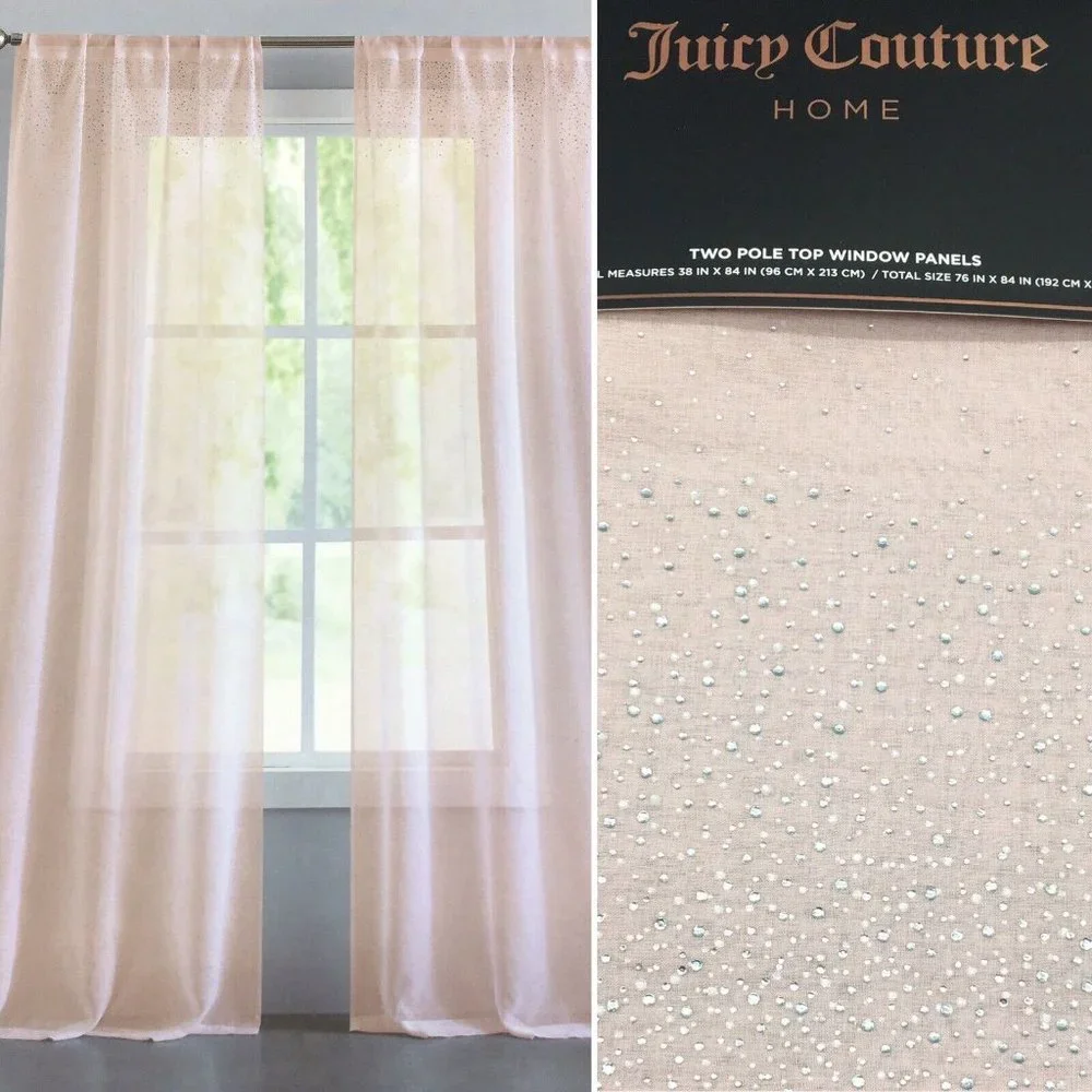 2 Juicy Couture Rhinestone Dusty Pink Mauve Sheer Window Panels Curtain 76x84
